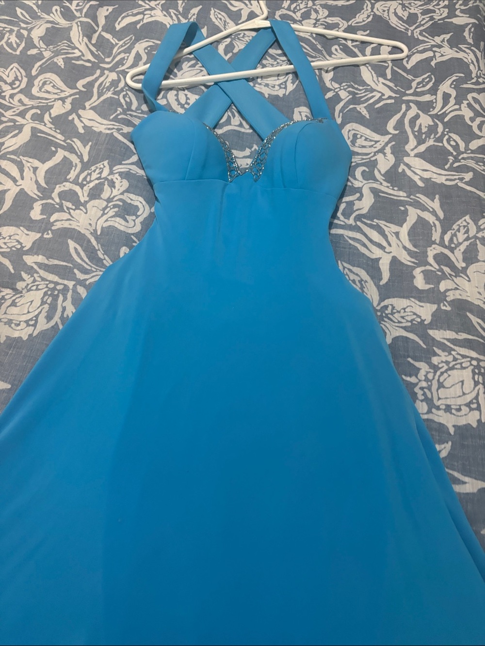 Sparkle gorgeous turquoise Blue Crisscross Strap Evening Dress or prom gown. 4